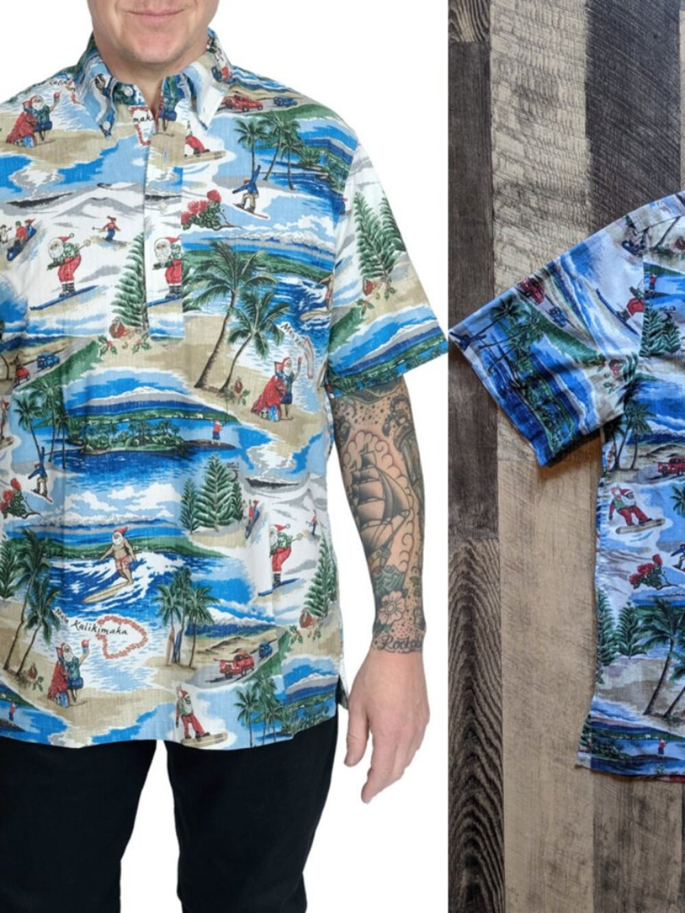 Reyn Spooner Kloth Christmas Popover Shirt Santa Surfing & Skiing